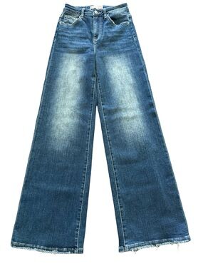 RISEN High Rise Wide Leg Jeans Raw Hem Size 3 (26) Medium Wash